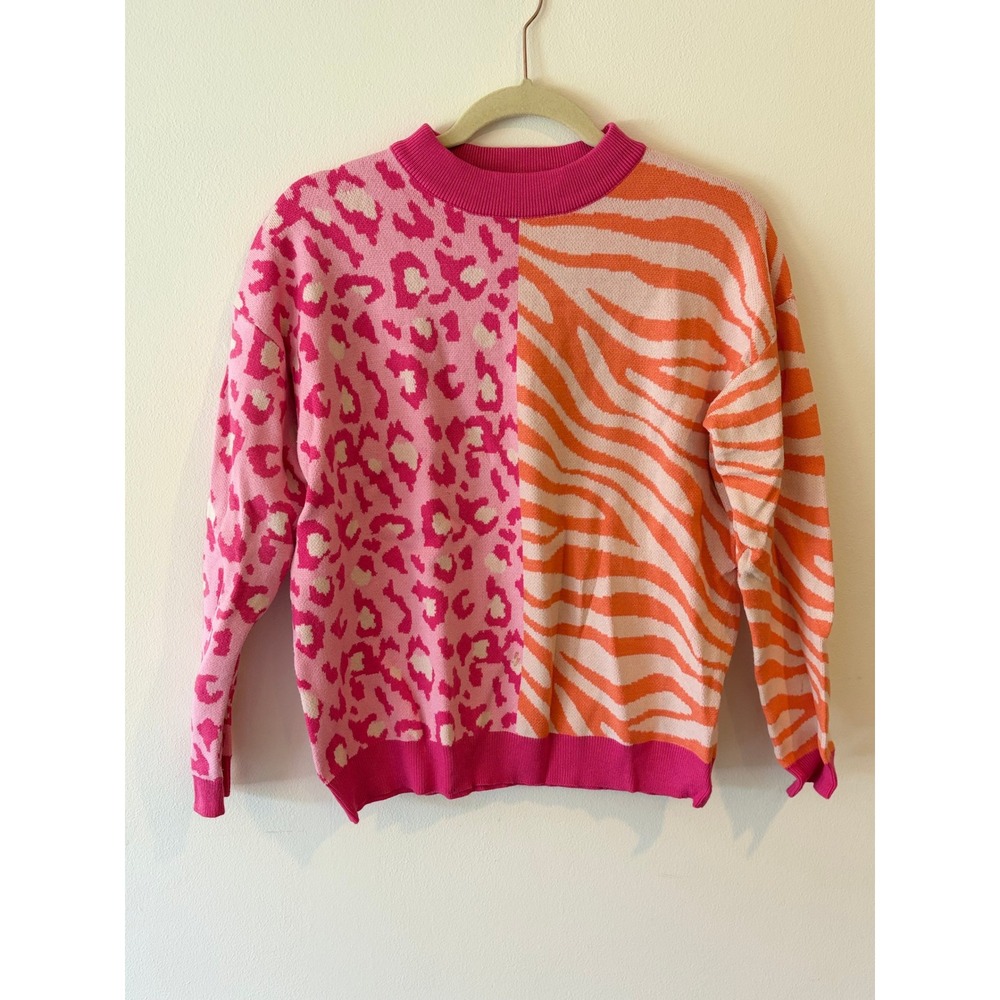 THML Womens Pink Orange Animal Print Colorblock Crewneck Sweater XS Leopard
